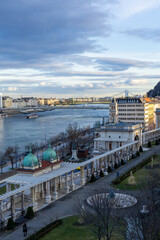 Panoramic view of Budapest with Danube river and castle hill at sunset