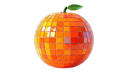 A geometric orange sphere with mosaic surfaces, topped with a green leaf against black