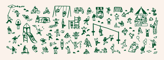 Obraz premium Doodle playground with kids. Children play in kindergarten. Tiny people have fun with swings, slides, seesaws and spring riders, ride bikes. Outline hand drawn isolated vector illustration on white