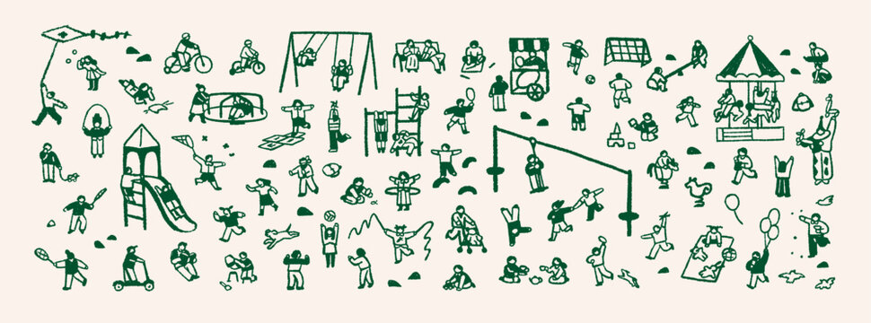 Doodle playground with kids. Children play in kindergarten. Tiny people have fun with swings, slides, seesaws and spring riders, ride bikes. Outline hand drawn isolated vector illustration on white