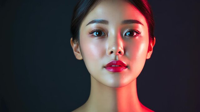 Close up face portrait of an Asian woman smiling to camera with dramatic light play against a black background, highlighting beauty, elegance, and expressive mood.