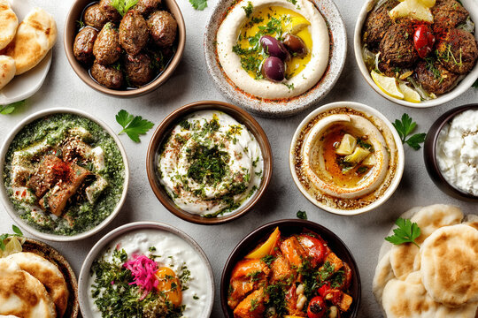 A variety of traditional Middle Eastern dishes and dips on a table