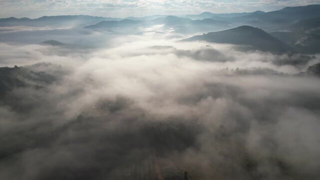 Aerial view of mountains and forest with the sea of fog before sunrise by drone