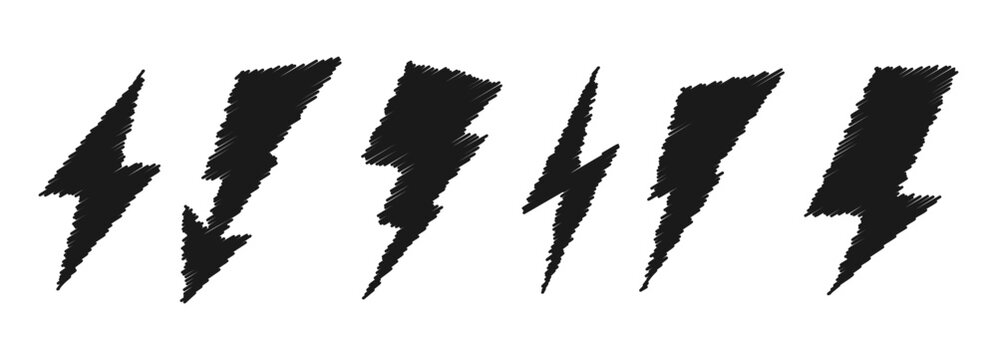 Electric thunderbolt icons drawn with brush strokes and rough texture. Six lightning symbols in black sketch style. Hand-crafted grunge elements for creative projects.
