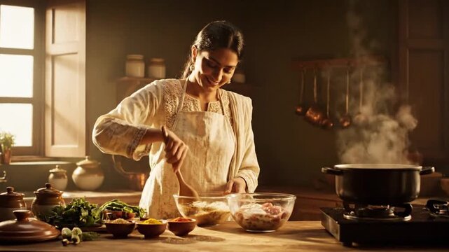 Woman preparing Eid al Fitr feast in traditional kitchen with halal food and Eid celebration ingredients