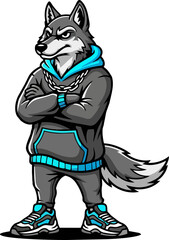 A cartoon wolf character wearing a grey tracksuit stands confidently with crossed arms.