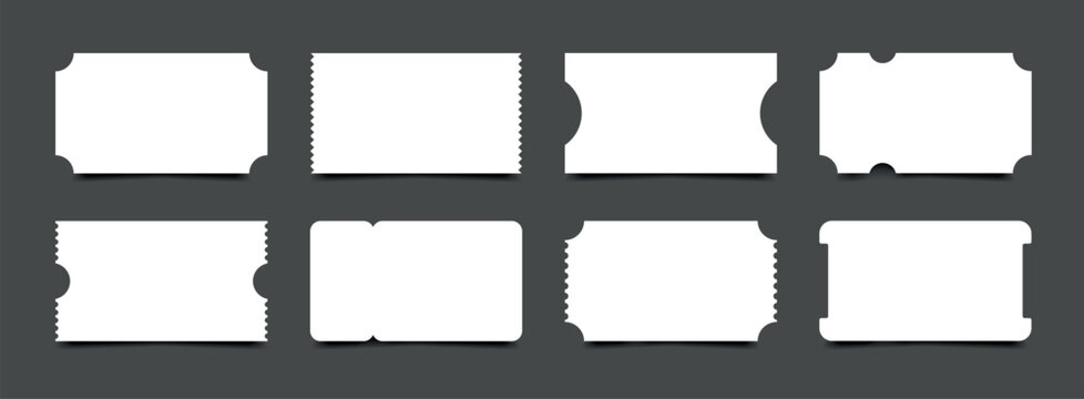 Ticket and coupon template set, perforated edges, voucher mockup, isolated shapes