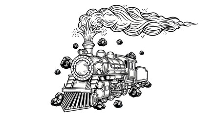Vintage steam engine train in cartoon style with smoke and rocks. © sitimmk