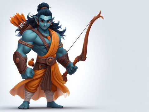 Illustration of Lord Rama depicted as a divine warrior holding a bow and arrow and copy space used for banner.