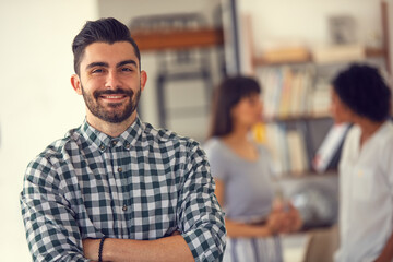 Obraz premium Marketing, portrait or man in office with arms crossed, pride or job goals in creative agency. Confidence, coworking or branding director in workplace with smile, work or experience as media planner.