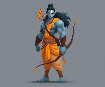 Illustration of Lord Rama depicted as a divine warrior holding a bow and arrow for Happy Ram Navami Celebration.