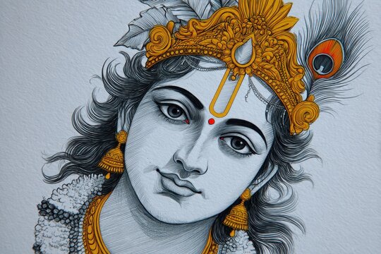 Happy Krishna Janmashtami Celebration with Portrait of Lord Krishna with Golden Crown and Peacock Feather Illustration.