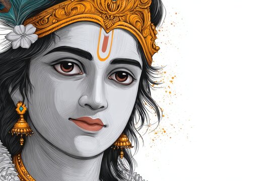 Happy Krishna Janmashtami Celebration with Portrait of Lord Krishna with Golden Crown and Peacock Feather and Copy Space Used for Banner.
