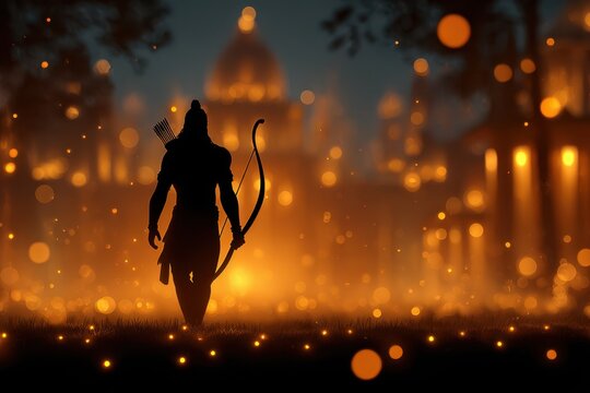 Happy Ram Navami celebration with silhouette of Lord Rama holding bow and arrow in Ayodhya glowing by a soft golden light illustration.