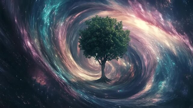 Cosmic vortex with a tree growing in its center creates a breathtaking scene