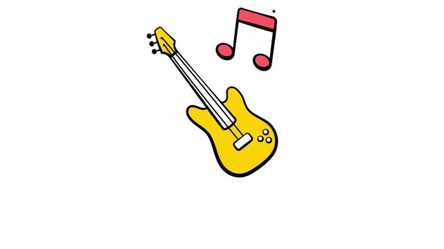 Hand drawn animated icon of an electric guitar with a music note