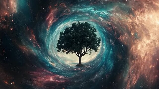 Cosmic vortex with a tree growing in its center creates a breathtaking scene