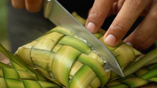 Preparing traditional Eid al-Fitr food, slicing ketupat, a Muslim celebration dish, during Ramadan end celebration with halal ingredients