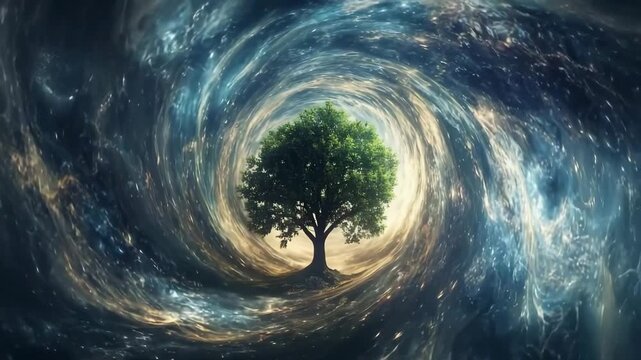 Cosmic vortex with a tree growing in its center creates a breathtaking scene