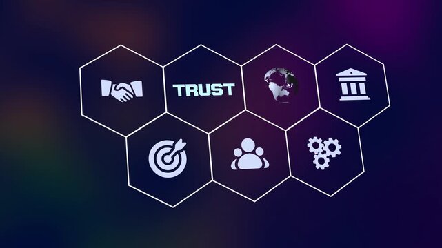 Modern abstract technology honeycomb trust concept icons featuring handshake and secure global network.