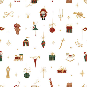 Seamless Christmas nutcracker pattern on transparent background. Christmas background with vintage toys.