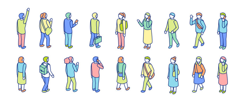 アイソメトリックの人物イラストセット。歩く、挨拶する、電話をかける、立ち止まる、線画のキャラクター。