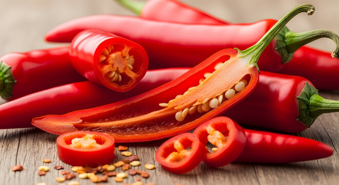A close-up shot of vibrant red chili peppers, some sliced open revealing seeds and spices on a wooden surface