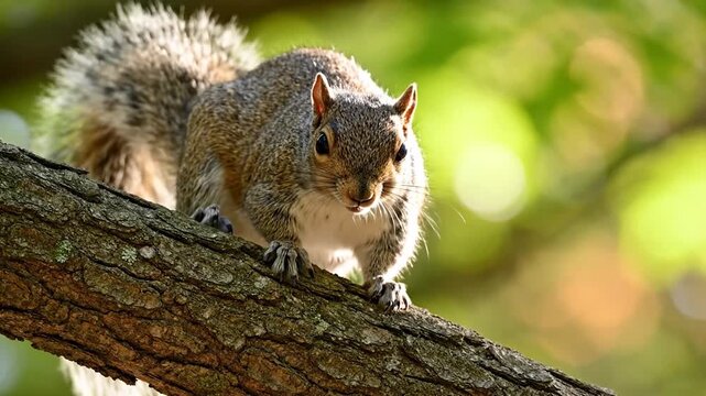 A curious gray squirrel sits on a tree branch in the forest.