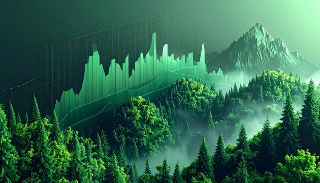 Green data graph merges with lush forest and mountains, shrouded in ethereal fog