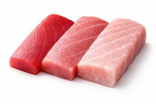 Three raw tuna cuts akami chutoro otoro arranged as color gradient from deep ruby to pale rose sushi sashimi selection