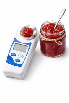 Strawberry jam on handheld digital refractometer prism with blank display quality control sweetness measurement concept