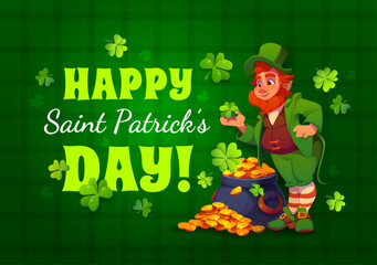 Fototapeta premium Happy St Patrick s day holiday greeting card. Irish party banner with leprechaun character, gold in pot and clover. Saint Patrick day celebration vector greeting card, Ireland culture holiday flyer