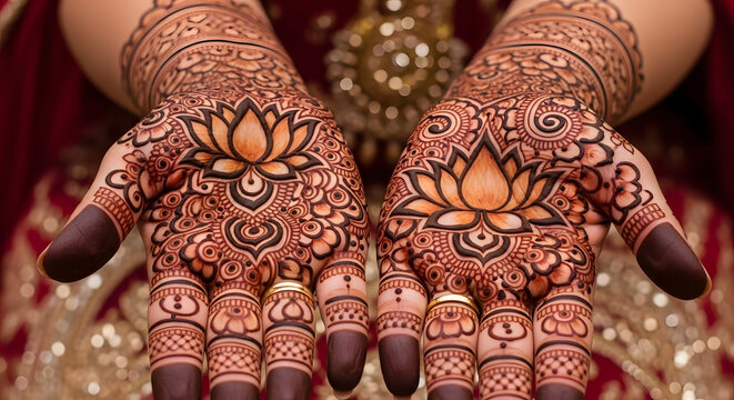 Symmetrical lotus flower henna design on both palms with heavy traditional bridal patterns and rings