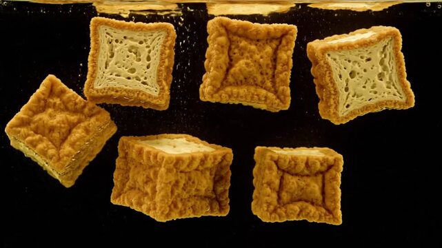 Six golden-brown square-shaped crispy food items floating against a dark background, possibly croutons or fried snacks.