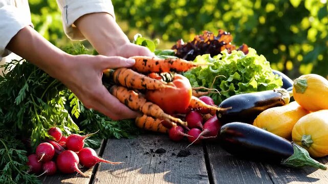 Hands presenting farm-to-table vegetables as healthy lifestyle concept