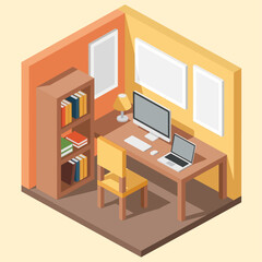 Isometric illustration of a modern home office workspace with computer and bookshelves.
