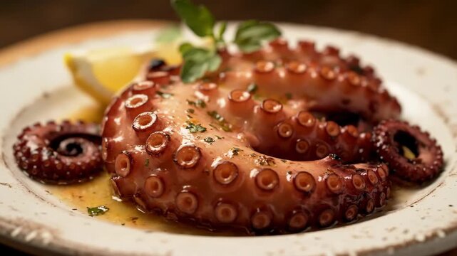 Appetizing Grilled Octopus Tentacles Served on a Rustic Plate with Olive Oil Dressing, Fresh Parsley, and a Lemon Wedge. Gourmet Mediterranean Seafood Delicacy.