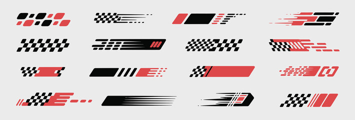 Assortment of vector racing graphics featuring checkered flags, speed lines, and abstract patterns in red and black for dynamic sports and automotive applications. © MDTAREQ