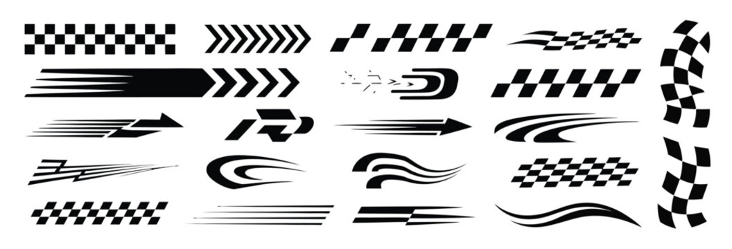 Assortment of energetic racing and speed graphics, including checkered patterns, chevrons, abstract motion lines, and stylized arrows for vehicle customization.