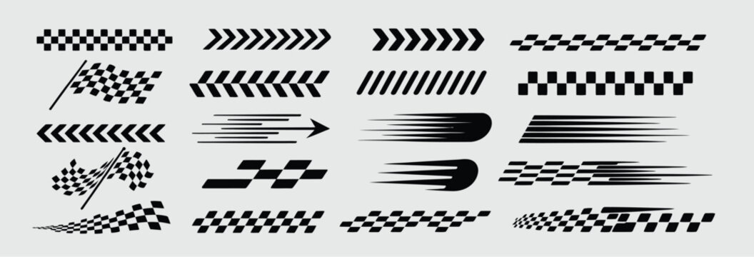 Collection of racing-inspired graphic elements, showcasing checkered flags, speed lines, chevrons, and abstract motion graphics for automotive decals and banners.