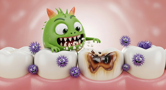 Cartoon Monster Characters Destroying Human Tooth with Decay and Cavities 3D Illustration