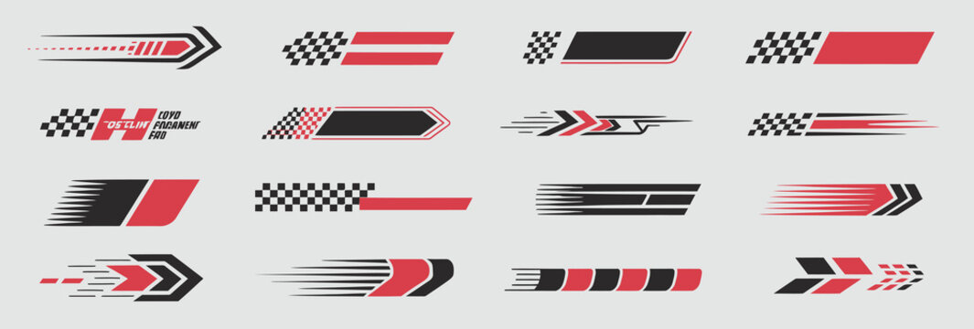 Collection of dynamic racing stripes and checkered flag elements in red and black, perfect for automotive graphics and sports designs.