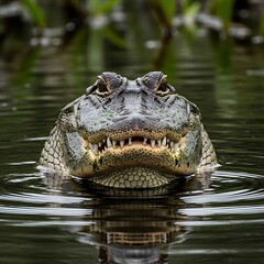 Obraz premium American alligator submerges partially in murky swamp water displaying menacing teeth