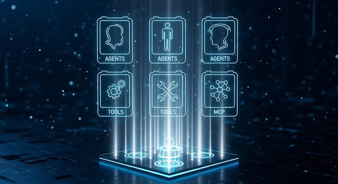 Futuristic interface with glowing icons for agents and tools