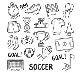 Hand Drawn Soccer Doodle Set with Football Equipment and Game Elements, Sketch Icons Collection Including Trophy, Goal Post, Jersey, Ball, Referee Whistle and Field Layout © Ahmed