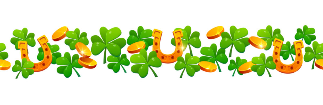 Happy St Patrick's day border frame with lucky horseshoe, shamrock clover leaves and golden coins. Ireland holiday vector frame border. Saint Patrick separator line with horseshoe, clovers and coins