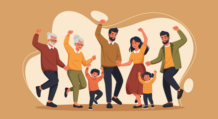 Happy Multigenerational Family Dancing Together &ndash; Joyful Cartoon Vector Illustration