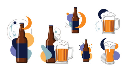 Collection of beer bottles and mugs filled with golden ale and white foam over colorful abstract shapes and moons.