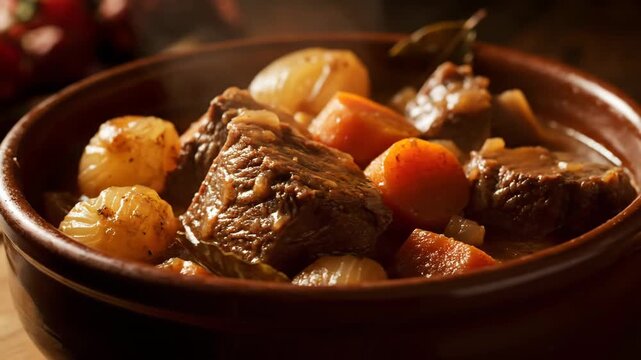 Close-up of rich and hearty traditional beef stew (B&oelig;uf Bourguignon or Daube) with tender meat, pearl onions, and carrots served in a rustic ceramic bowl with moody lighting.