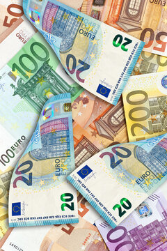 Twenty-euro banknotes on the background of banknotes of European Union 